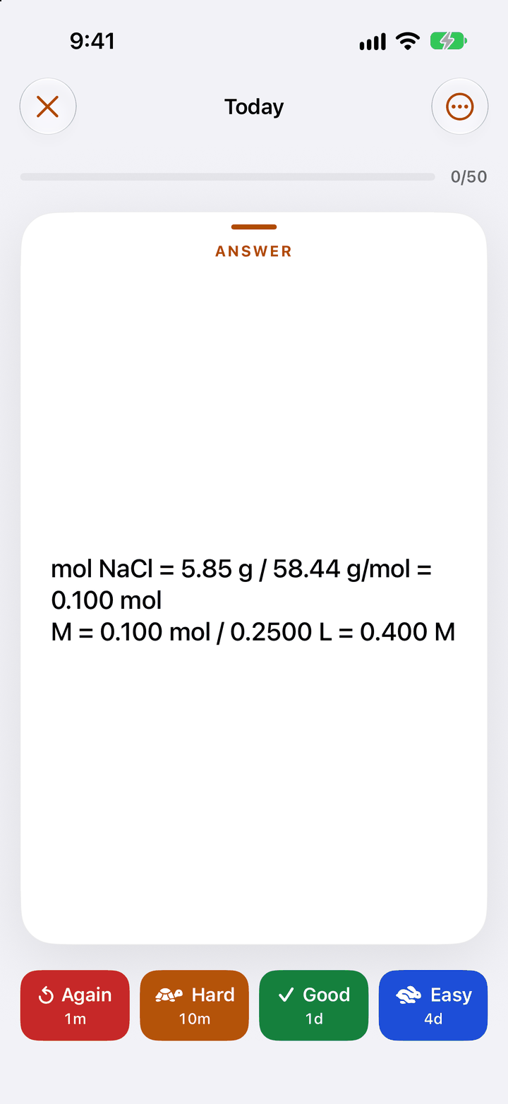 A chemistry card in a ChemRecall study session with the answer showing and the Again, Hard, Good and Easy buttons