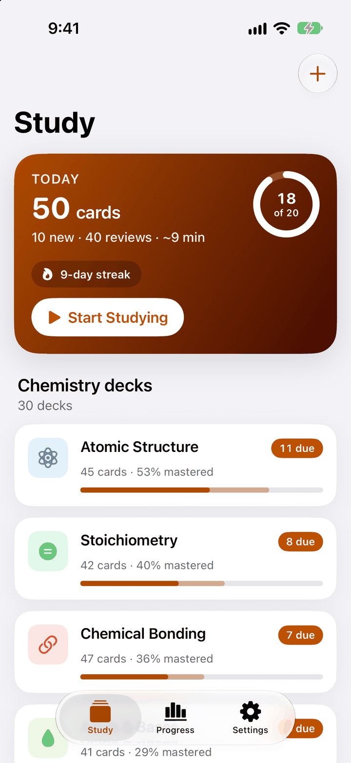 ChemRecall Today screen with the cards due, new cards, the study streak and progress toward the daily goal