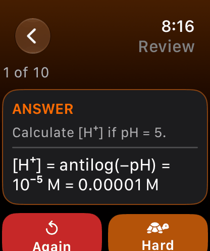 ChemRecall on Apple Watch reviewing a due card
